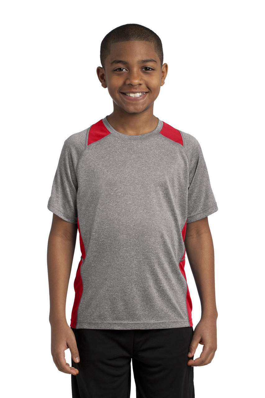 Sport-Tek® Youth Heather Colorblock Contender™ Tee. YST361 Vintage Heather/ True Red