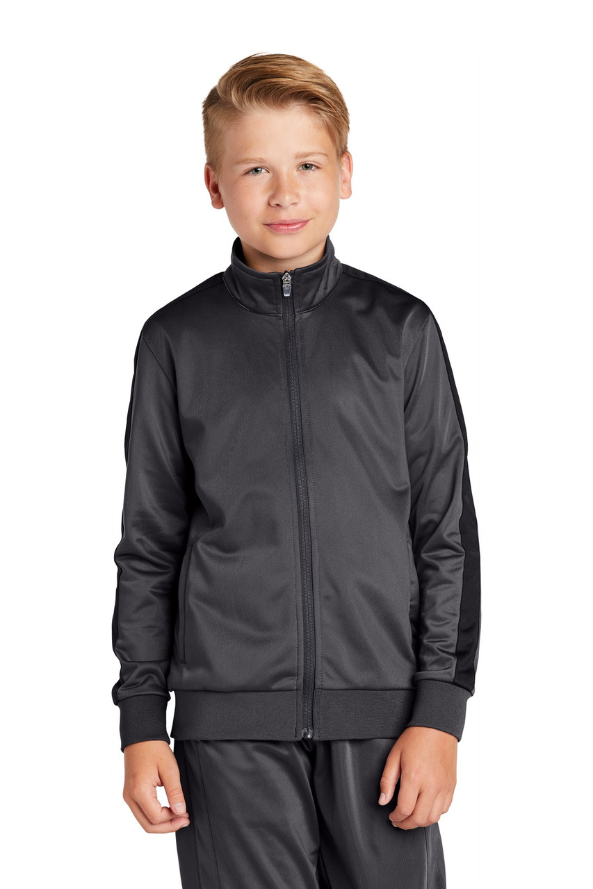 Sport-Tek ® Youth Tricot Track Jacket. YST94 Graphite/ Black
