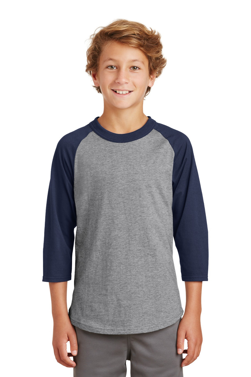 Sport-Tek® Youth Colorblock Raglan Jersey.  YT200 Heather Grey/ Navy