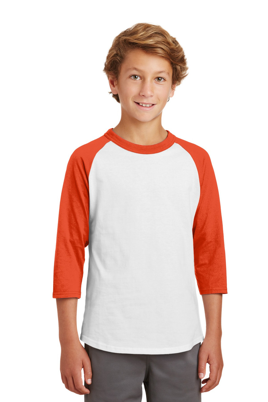 Sport-Tek® Youth Colorblock Raglan Jersey.  YT200 White/ Deep Orange