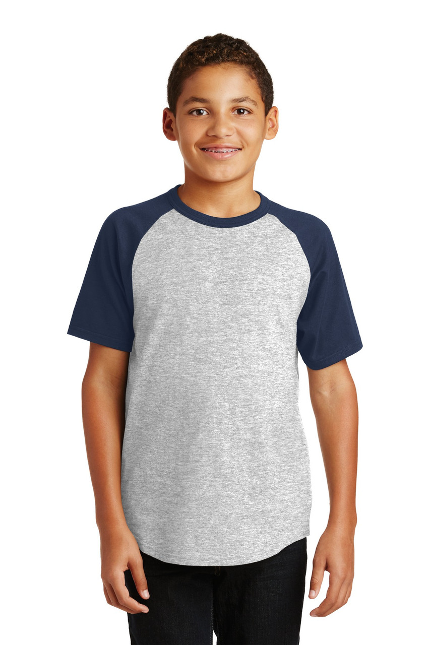 Sport-Tek® Youth Short Sleeve Colorblock Raglan Jersey. YT201 Heather Grey/ Navy