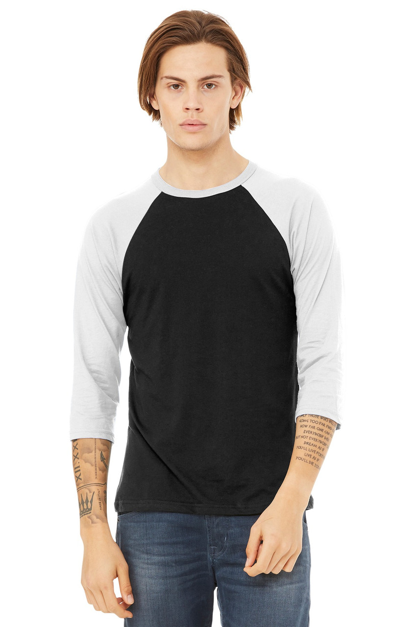 BELLA+CANVAS ® Unisex 3/4-Sleeve Baseball Tee. BC3200 Black/ White