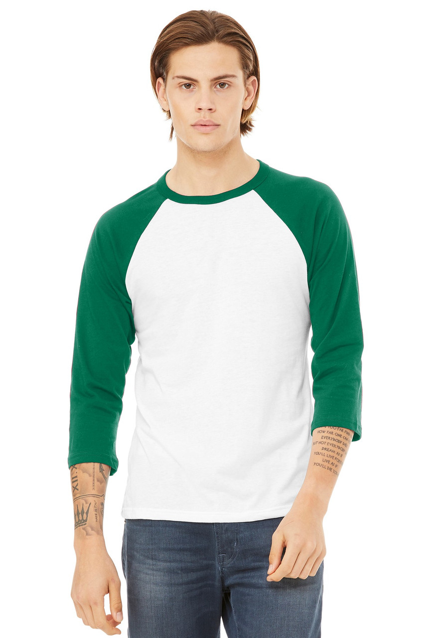 BELLA+CANVAS ® Unisex 3/4-Sleeve Baseball Tee. BC3200 White/ Kelly