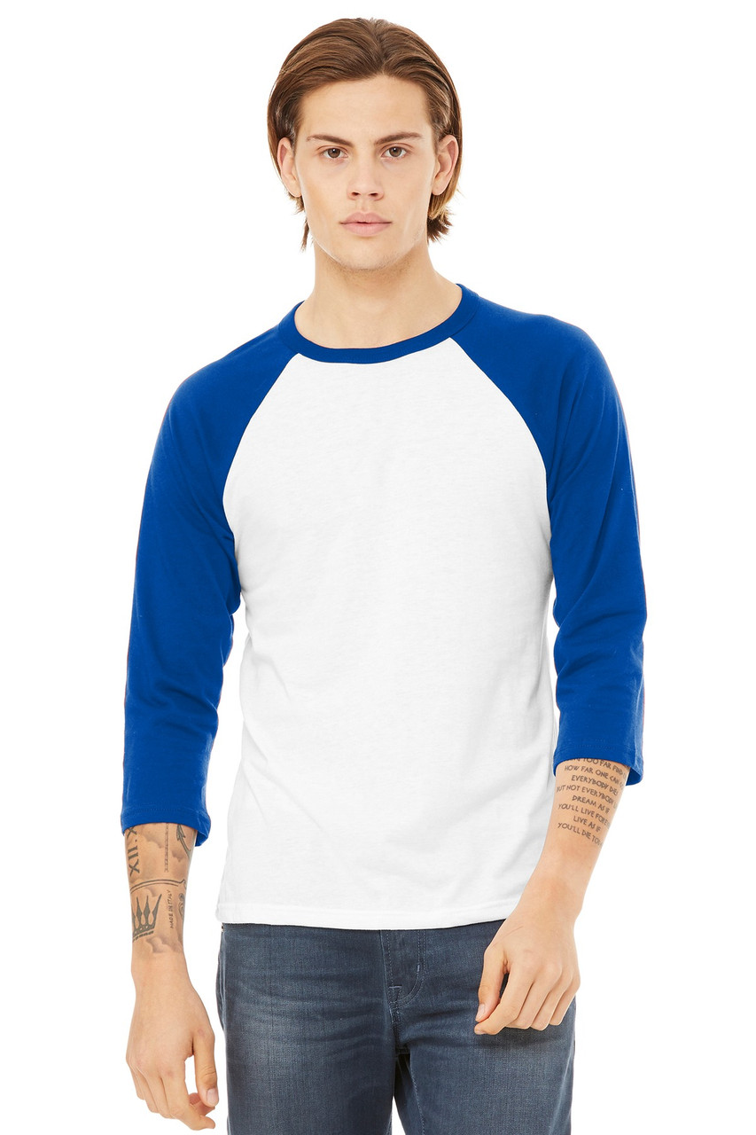 BELLA+CANVAS ® Unisex 3/4-Sleeve Baseball Tee. BC3200 White/ True Royal