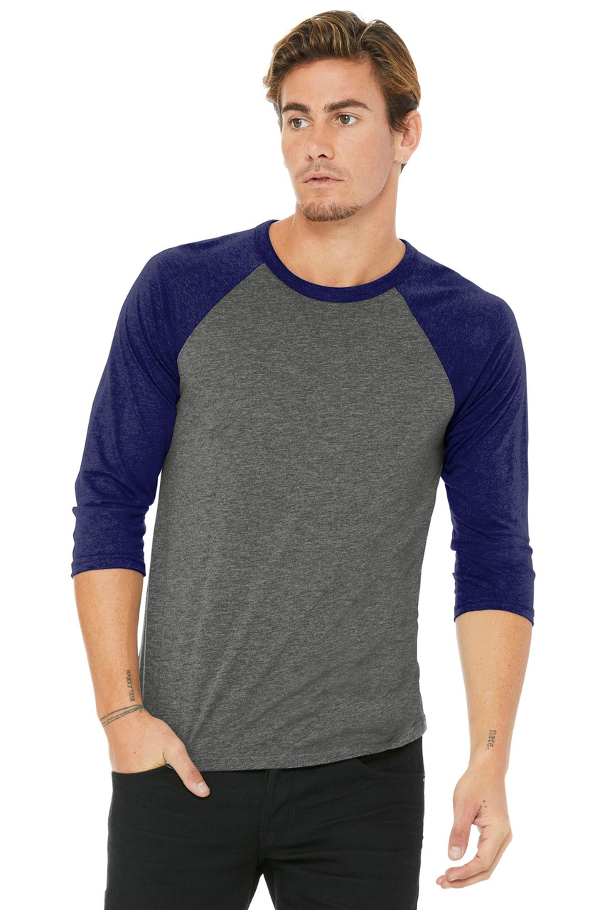 BELLA+CANVAS ® Unisex 3/4-Sleeve Baseball Tee. BC3200 Grey/ Navy Triblend