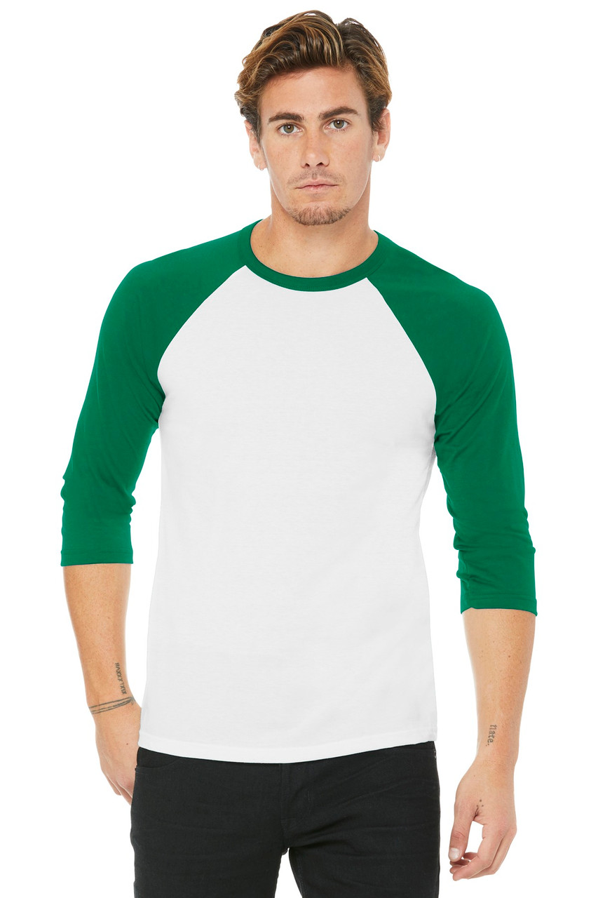 BELLA+CANVAS ® Unisex 3/4-Sleeve Baseball Tee. BC3200 White/ Kelly