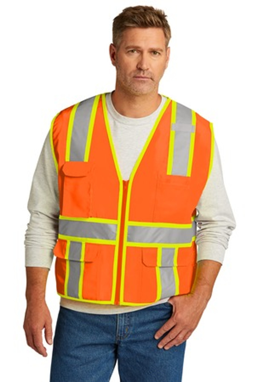 CornerStone ® ANSI 107 Class 2 Surveyor Zippered Two-Tone Vest. CSV105 Safety Orange S/M