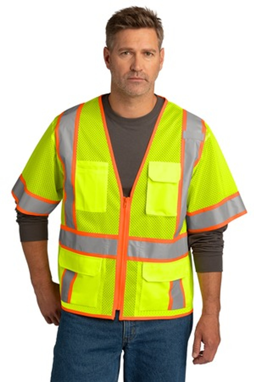 CornerStone ® ANSI 107 Class 3 Surveyor Mesh Zippered Two-Tone Short Sleeve Vest. CSV106 Safety Yellow 2