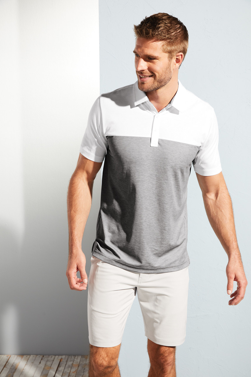 TravisMathew Oceanside Blocked Polo. TM1MU414 White/ Quiet Shade Grey Heather Lifestyle