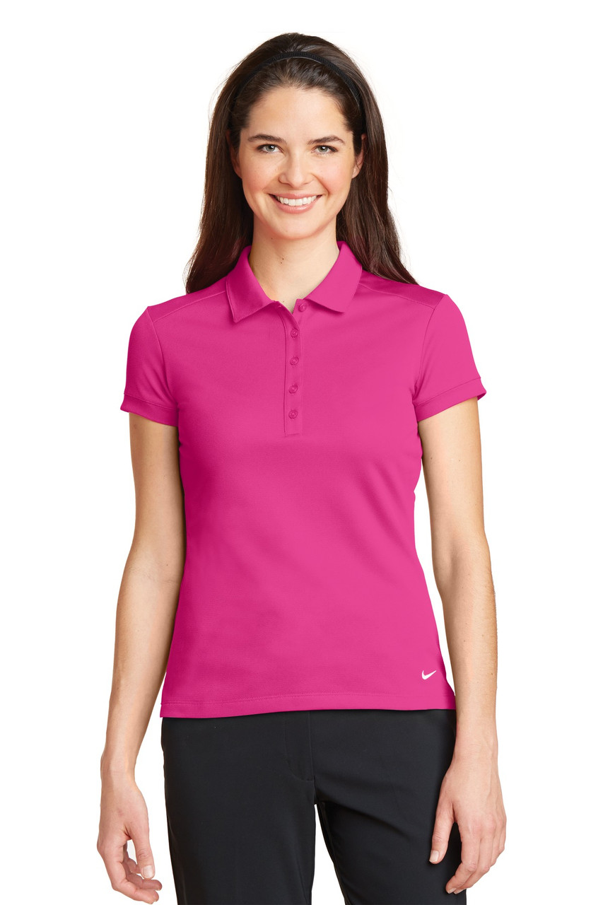 Nike Ladies Dri-FIT Solid Icon Pique Modern Fit Polo.  746100 Vivid Pink