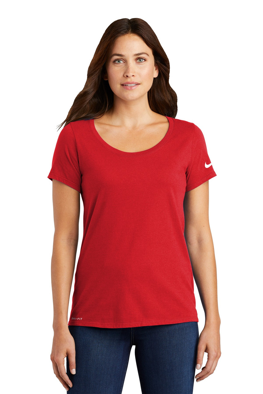 Nike Ladies Dri-FIT Cotton/Poly Scoop Neck Tee. NKBQ5234 University Red