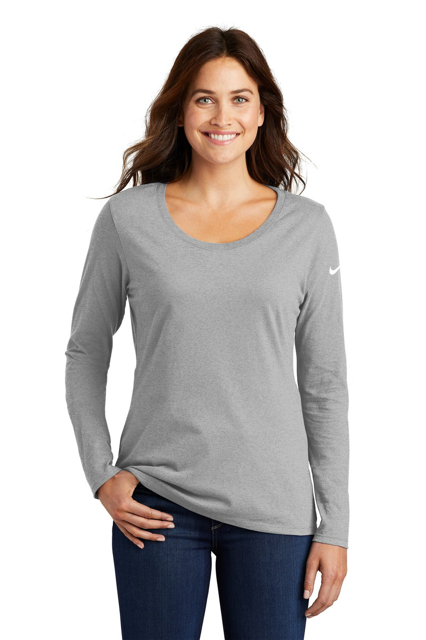 Nike Ladies Core Cotton Long Sleeve Scoop Neck Tee. NKBQ5235 Dark Grey Heather