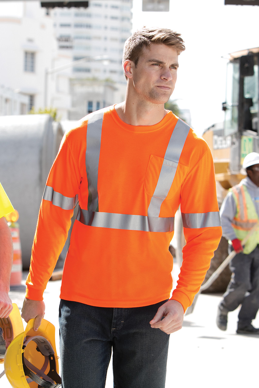 CornerStone® ANSI 107 Class 2 Long Sleeve Safety T-Shirt. CS401LS Safety Orange/ Reflective  Lifestyle