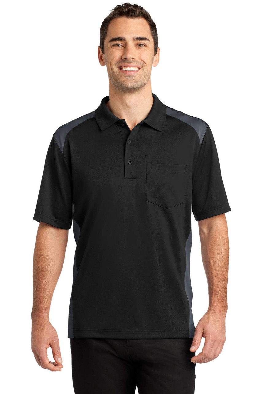 CornerStone® Select Snag-Proof Two Way Colorblock Pocket Polo. CS416 Black/ Charcoal