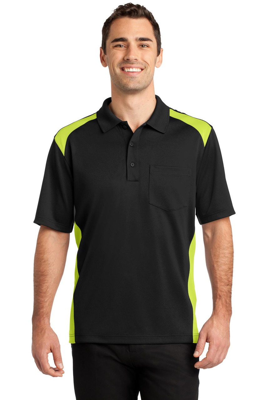 CornerStone® Select Snag-Proof Two Way Colorblock Pocket Polo. CS416 Black/ Shock Green