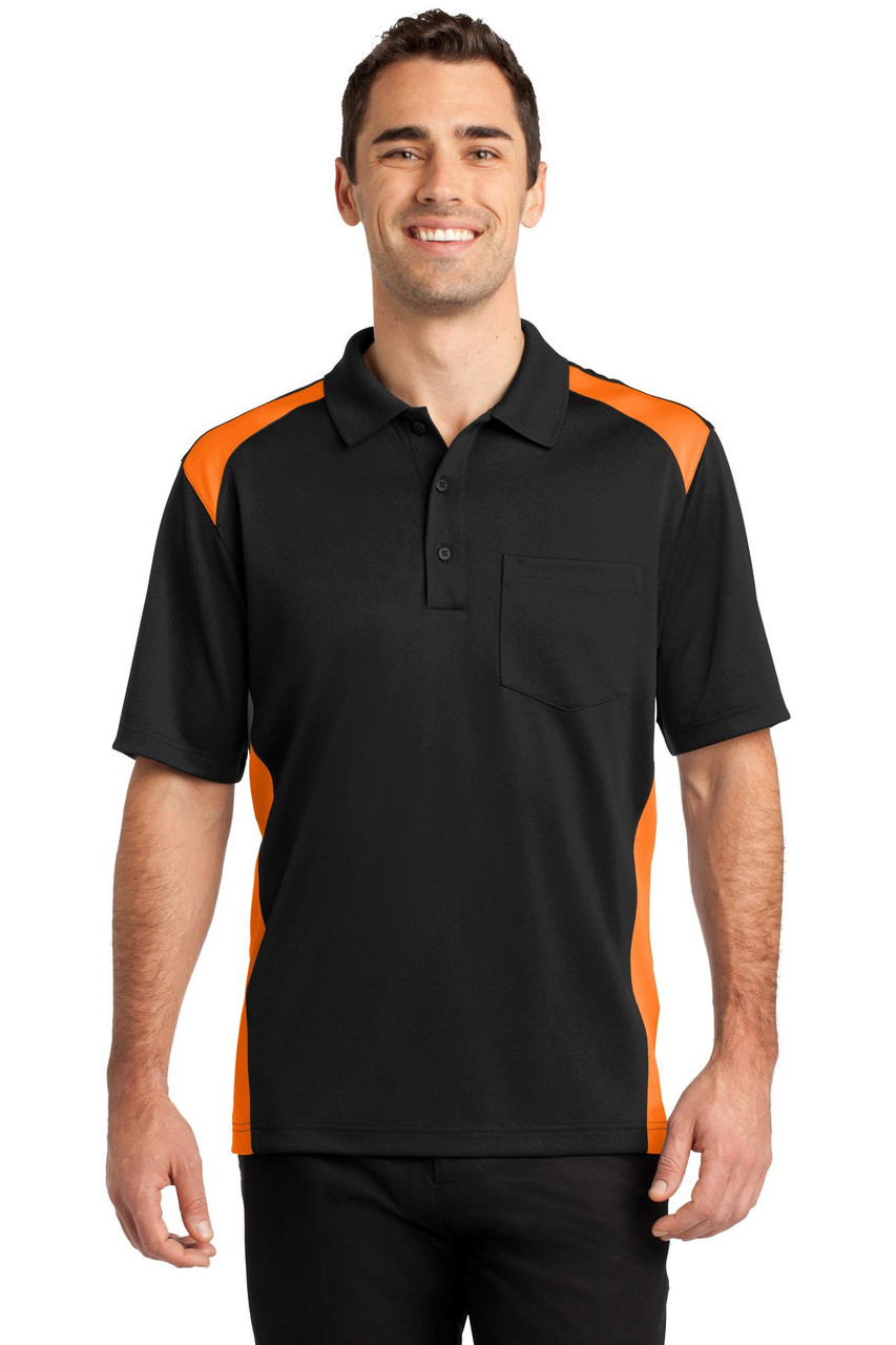 CornerStone® Select Snag-Proof Two Way Colorblock Pocket Polo. CS416 Black/ Shock Orange CornerStone® Select Snag-Proof Two Way Colorblock Pocket Polo. CS416 Black/ Shock Orange