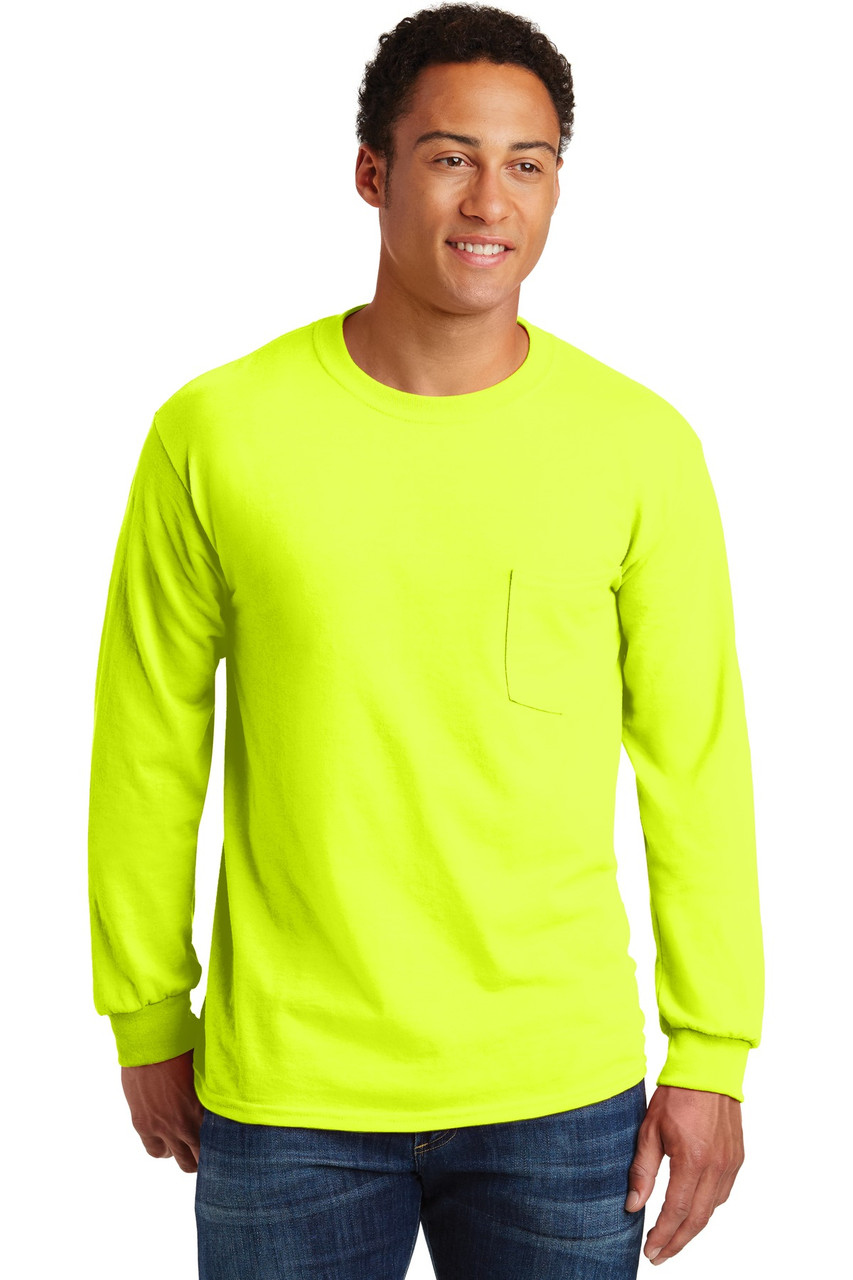 Gildan® - Ultra Cotton® 100% Cotton Long Sleeve T-Shirt with Pocket.  2410 Safety Green