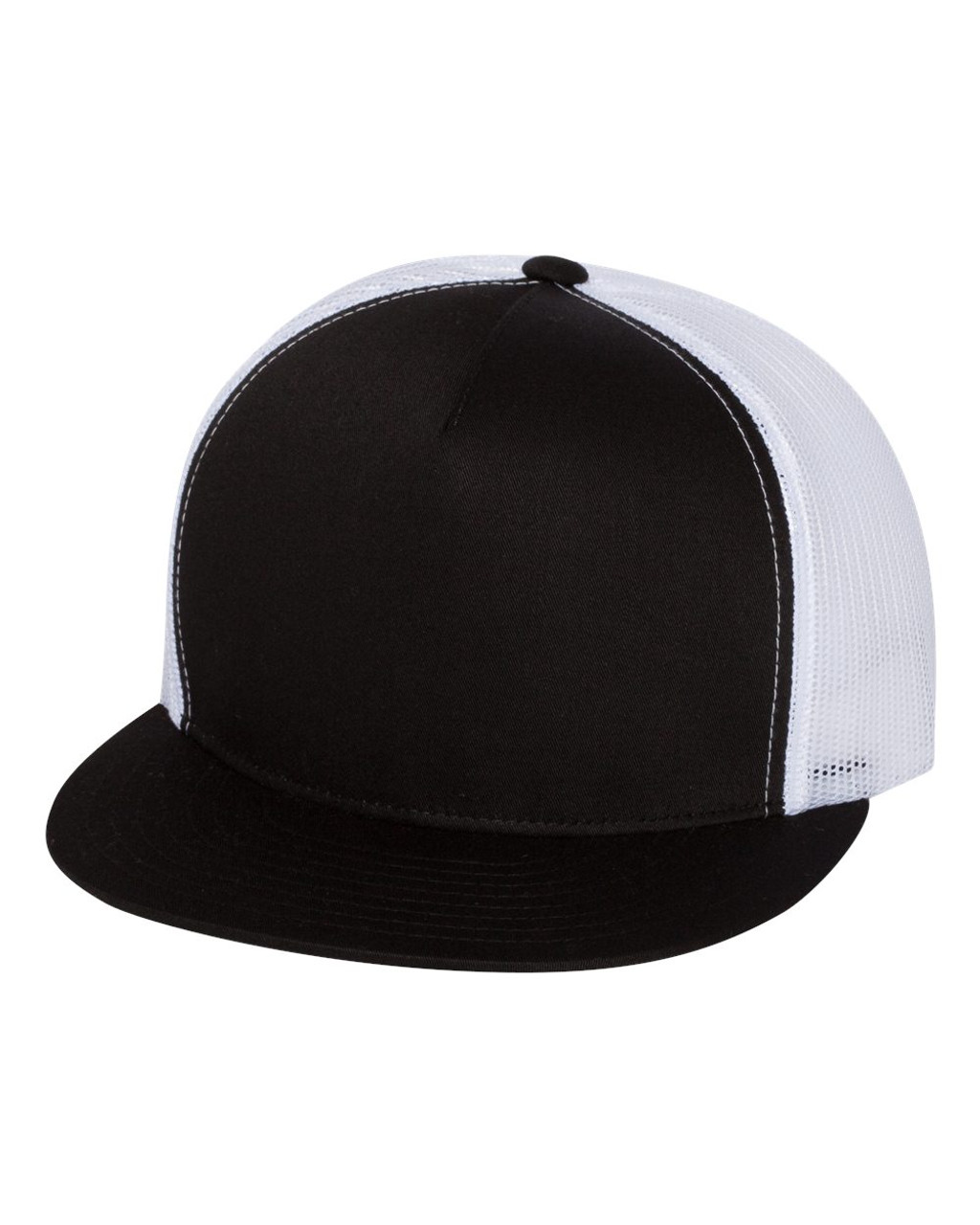 Flat Bill Trucker Cap - 6006 Black/White/Black