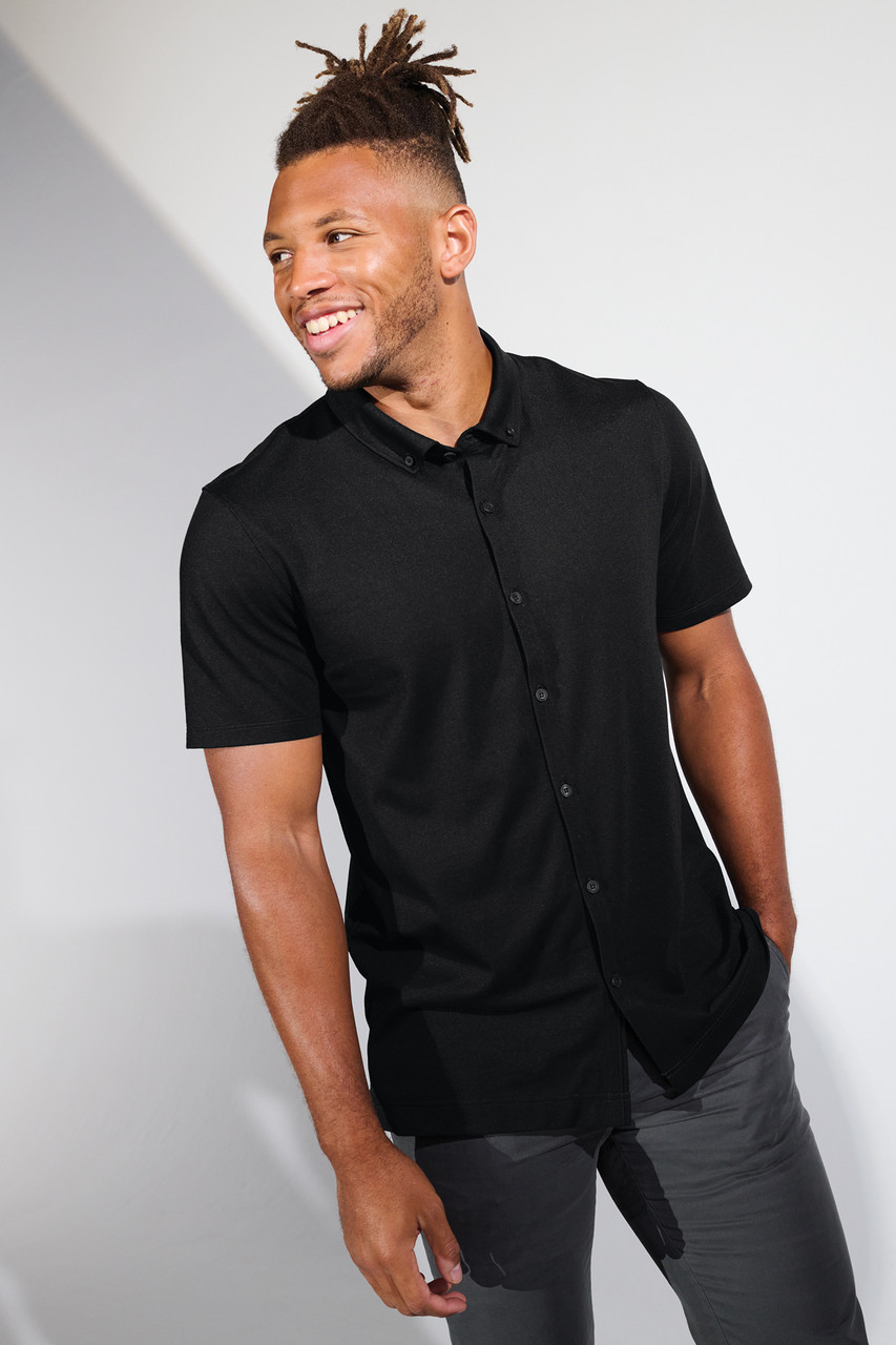 Mercer+Mettle™ Stretch Pique Full-Button Polo MM1006 Deep Black Lifestyle