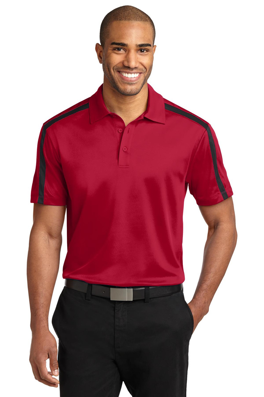 Port Authority® Silk Touch™ Performance Colorblock Stripe Polo. K547 Red/ Black