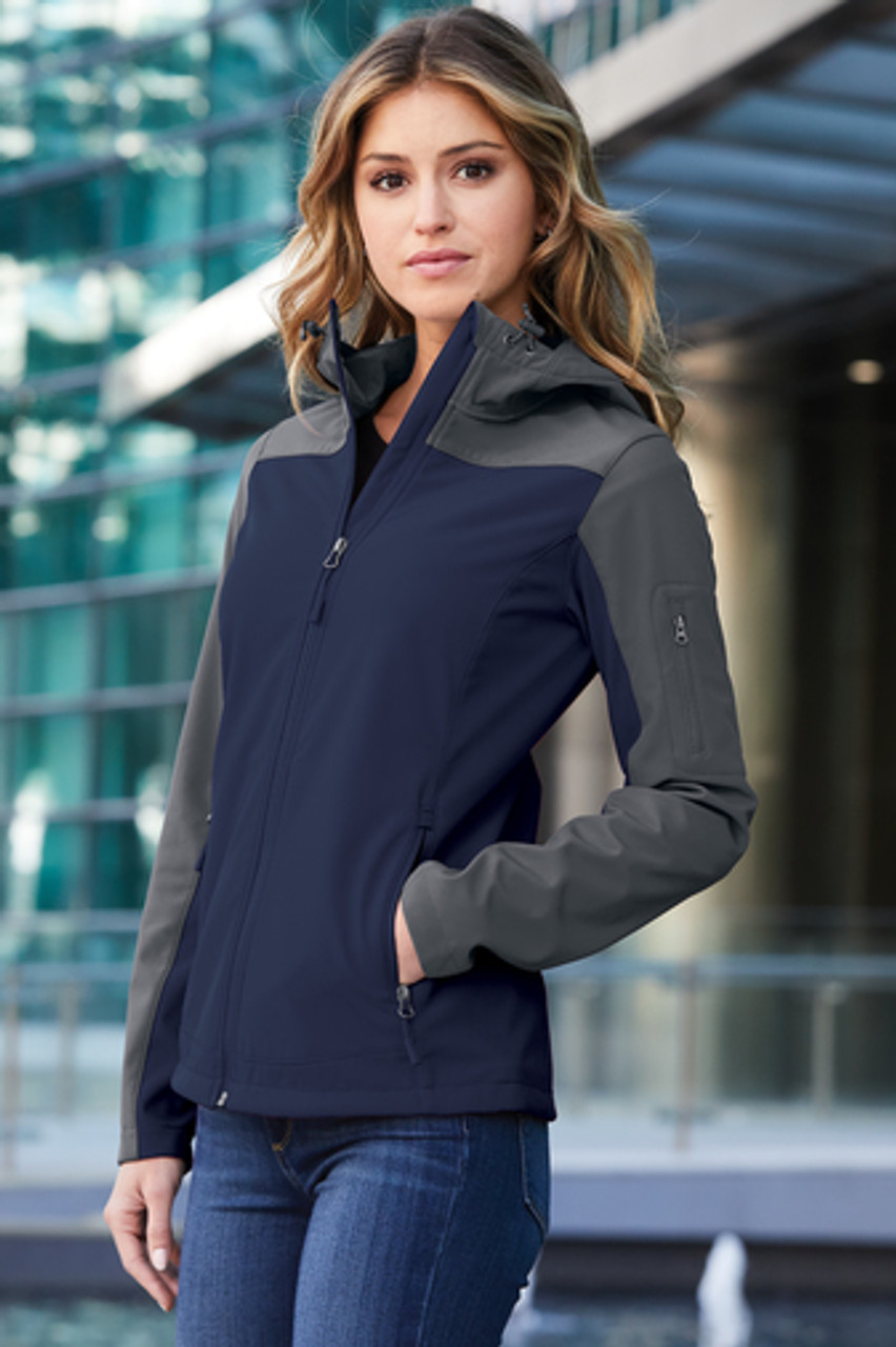 Port Authority® Ladies Hooded Core Soft Shell Jacket. L335 Dress Blue Navy/ Battleship Grey Life