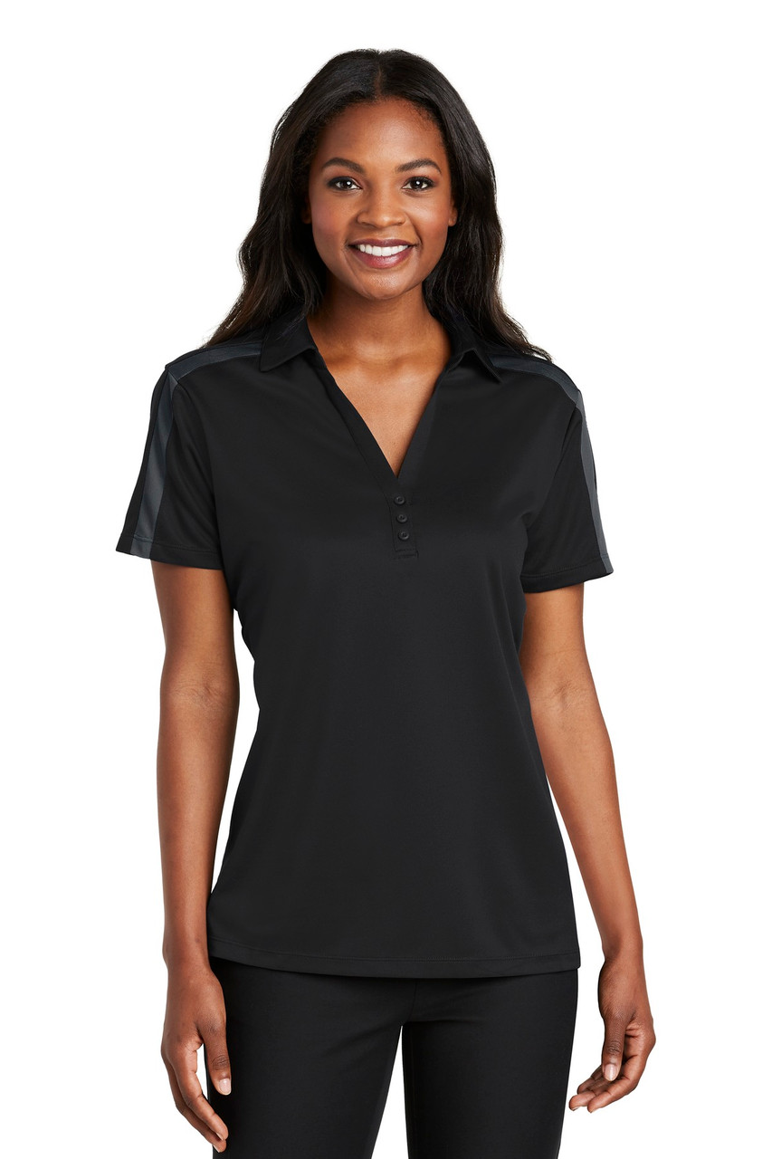 Port Authority® Ladies Silk Touch™ Performance Colorblock Stripe Polo. L547 Black/ Steel Grey XS