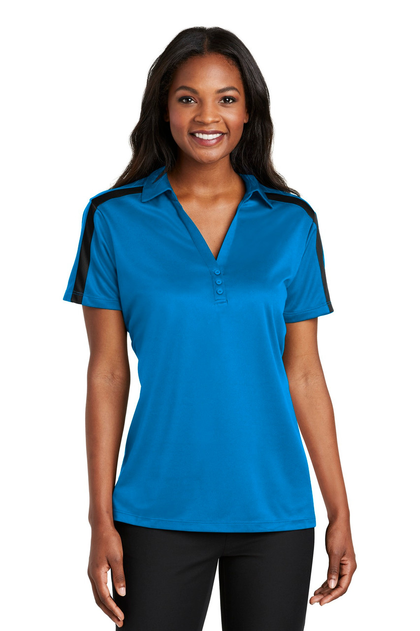 Port Authority® Ladies Silk Touch™ Performance Colorblock Stripe Polo. L547 Brilliant Blue/ Black XS