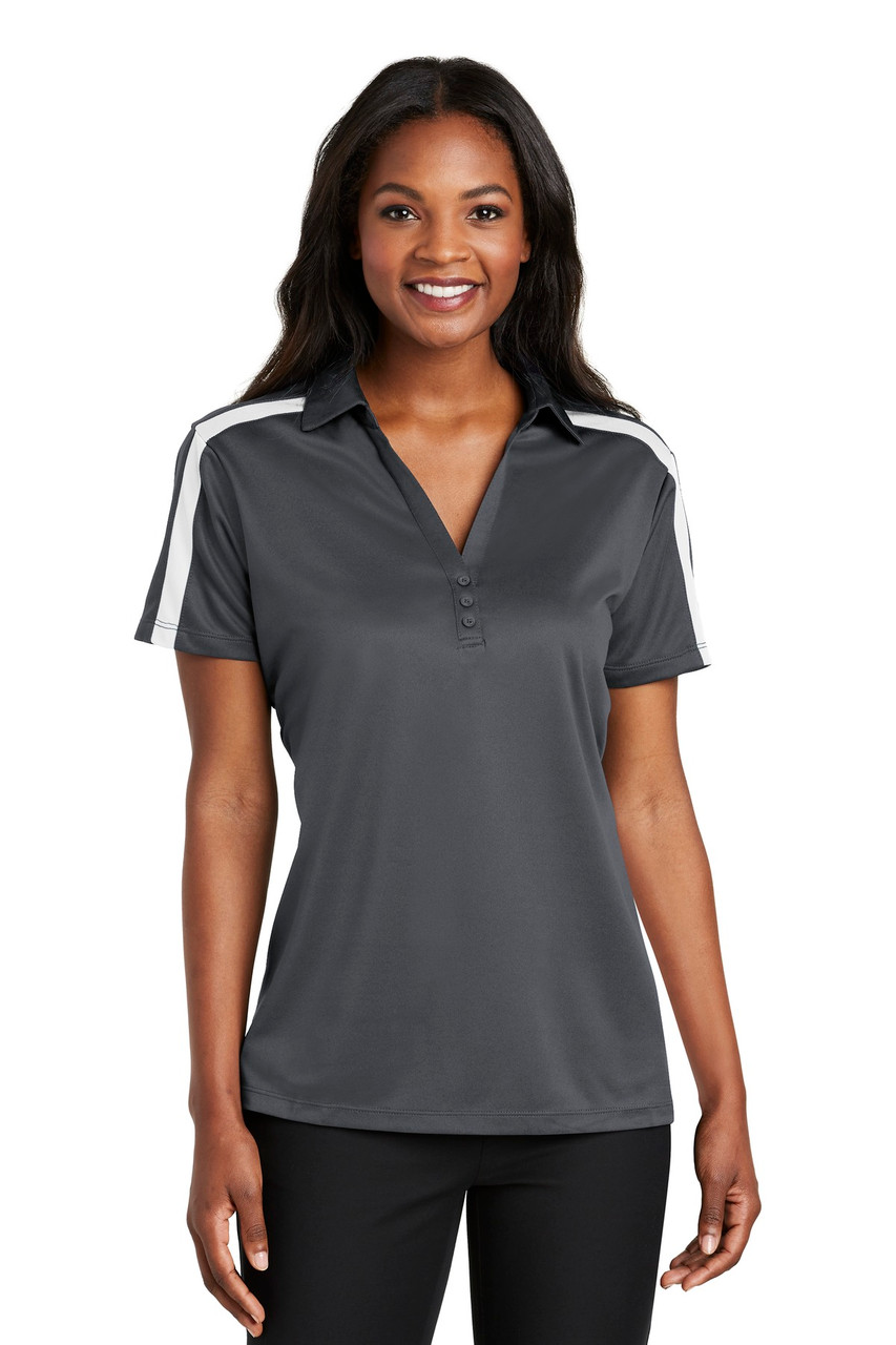 Port Authority® Ladies Silk Touch™ Performance Colorblock Stripe Polo. L547 Steel Grey/ White XS