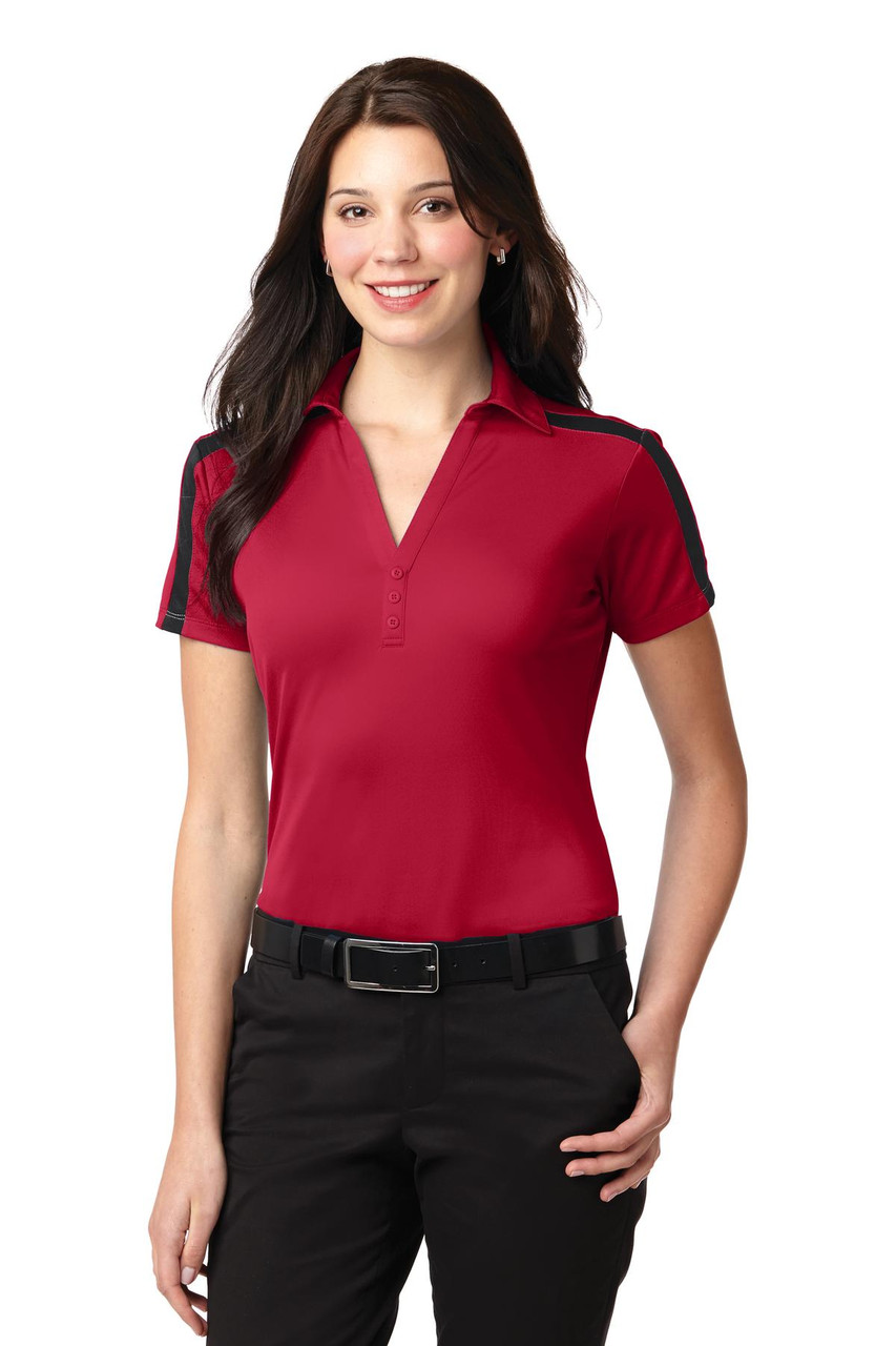 Port Authority® Ladies Silk Touch™ Performance Colorblock Stripe Polo. L547 Red/ Black