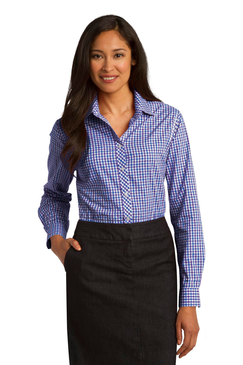 Port Authority® Ladies Long Sleeve Gingham Easy Care Shirt. L654 Blue/ Purple