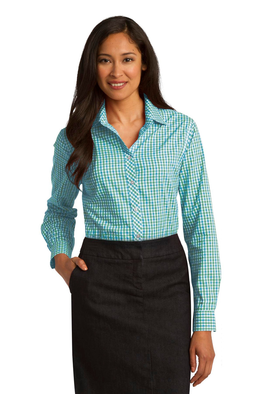 Port Authority® Ladies Long Sleeve Gingham Easy Care Shirt. L654 Green/ Aqua
