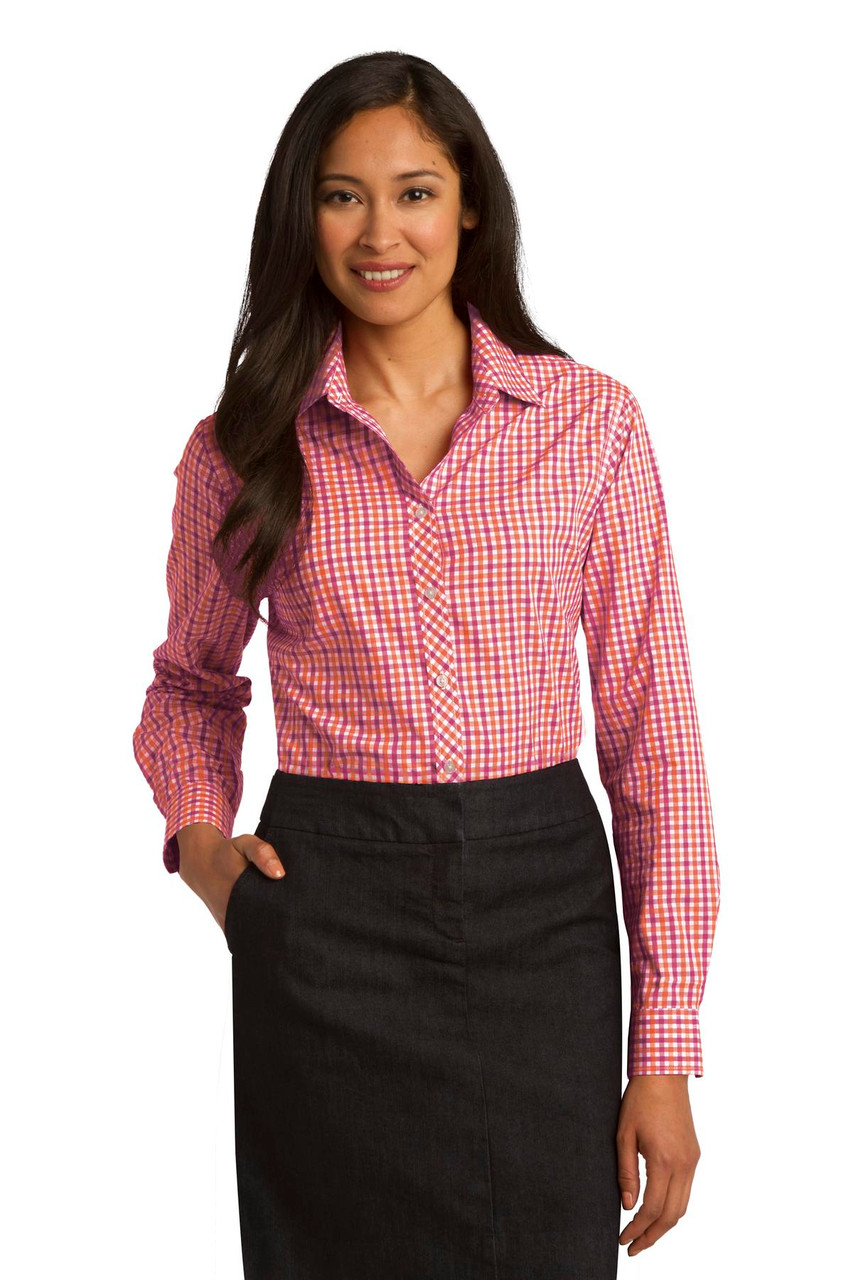 Port Authority® Ladies Long Sleeve Gingham Easy Care Shirt. L654 Tangerine/ Pink XS