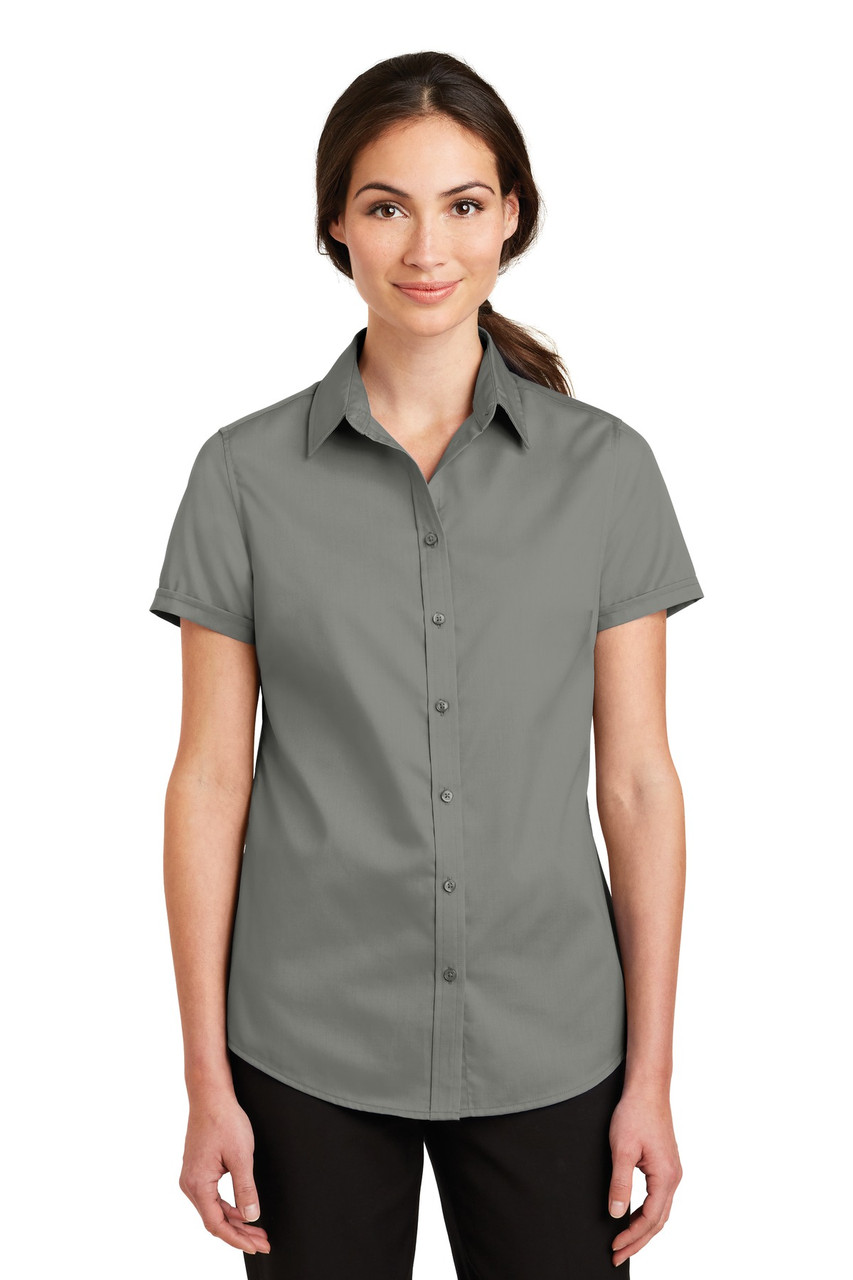 Port Authority® Ladies Short Sleeve SuperPro™ Twill Shirt. L664 Monument Grey
