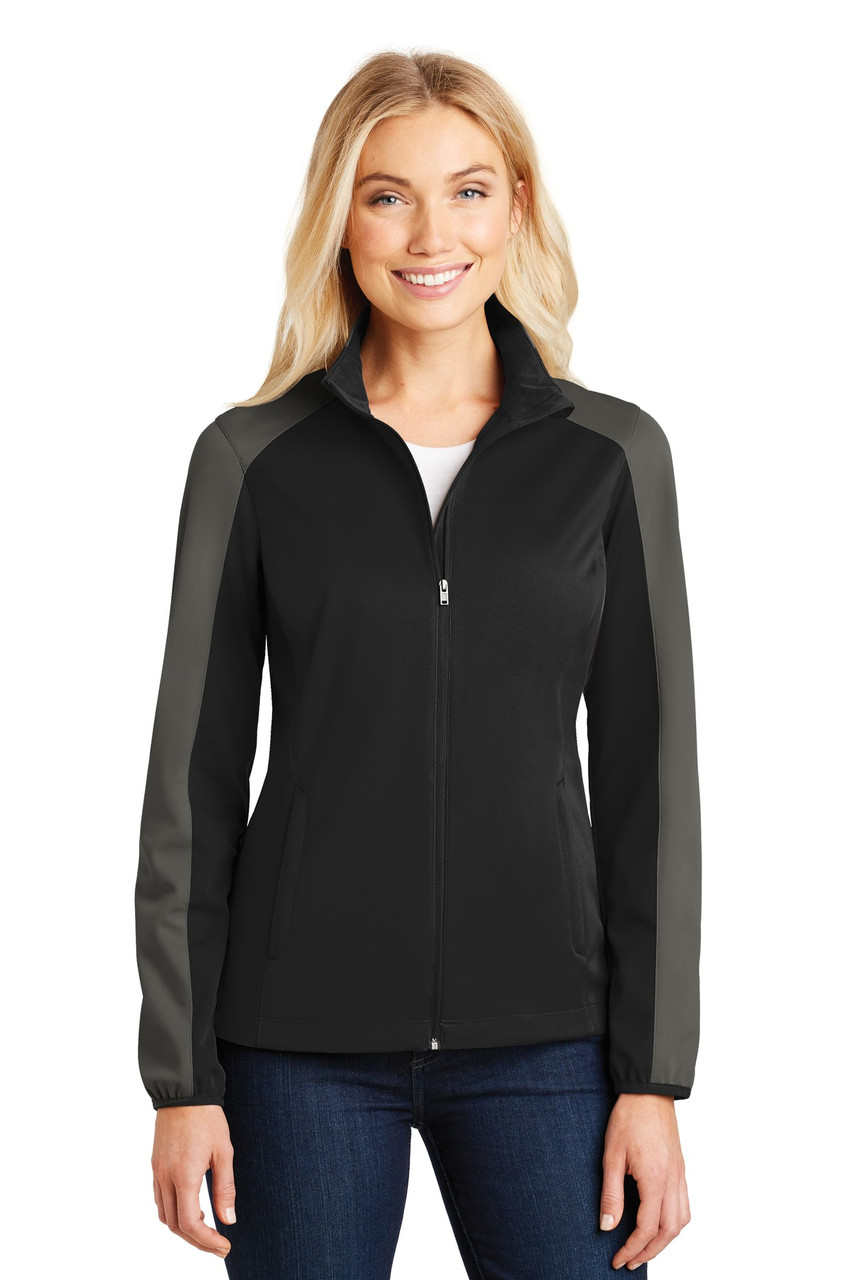 Port Authority® Ladies Active Colorblock Soft Shell Jacket. L718 Deep Black/ Grey Steel