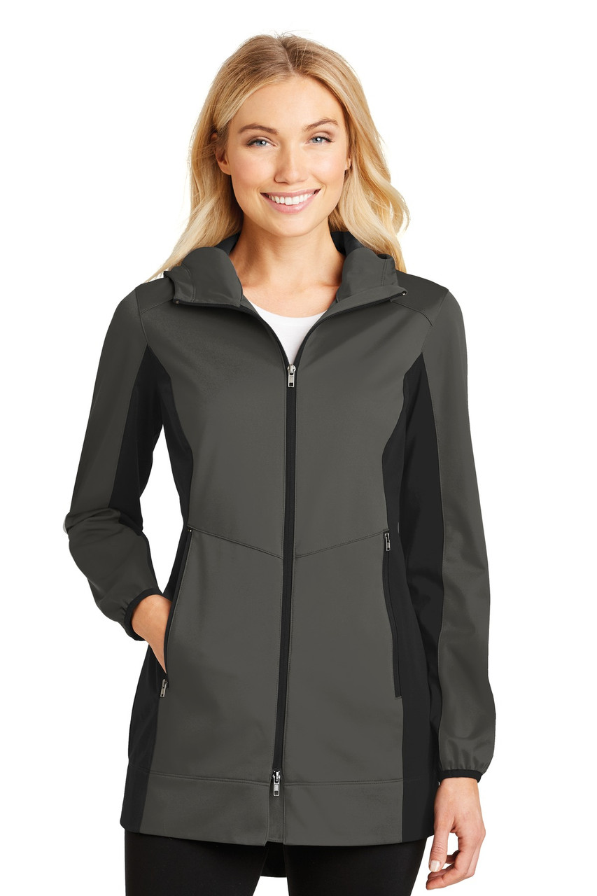 Port Authority® Ladies Active Hooded Soft Shell Jacket. L719 Grey Steel/ Deep Black