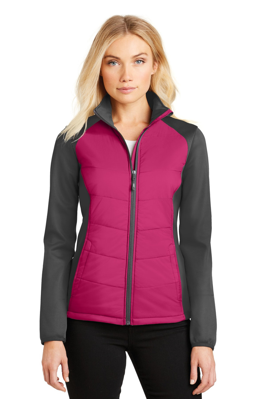 Port Authority® Ladies Hybrid Soft Shell Jacket. L787 Pink Azalea/ Grey Steel