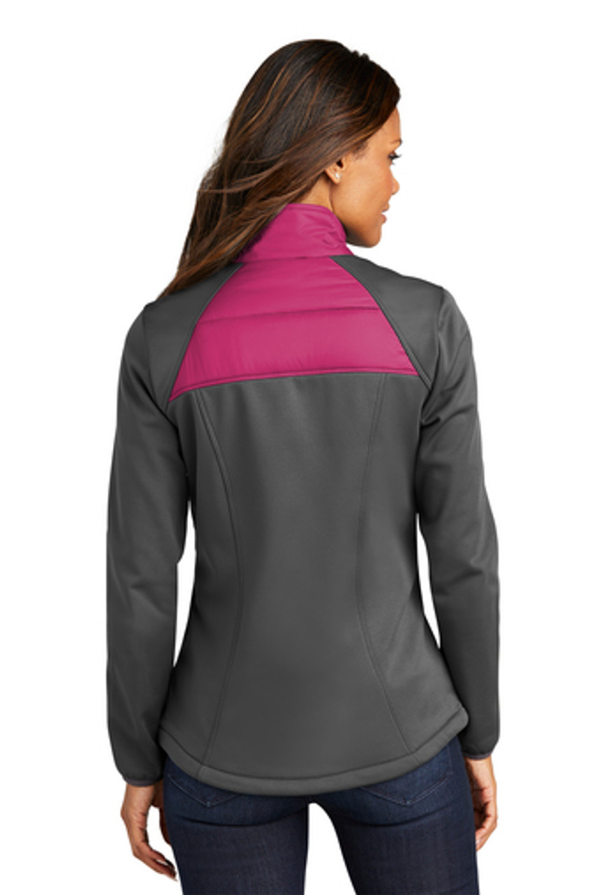 Port Authority® Ladies Hybrid Soft Shell Jacket. L787 Pink Azalea/ Grey Steel Back