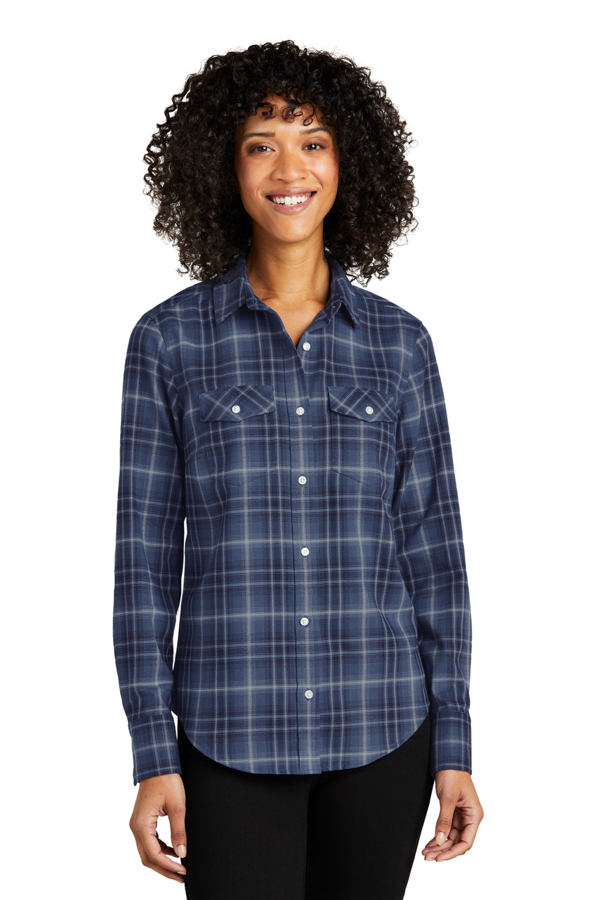 Port Authority® Ladies Long Sleeve Ombre Plaid Shirt LW672 True Navy