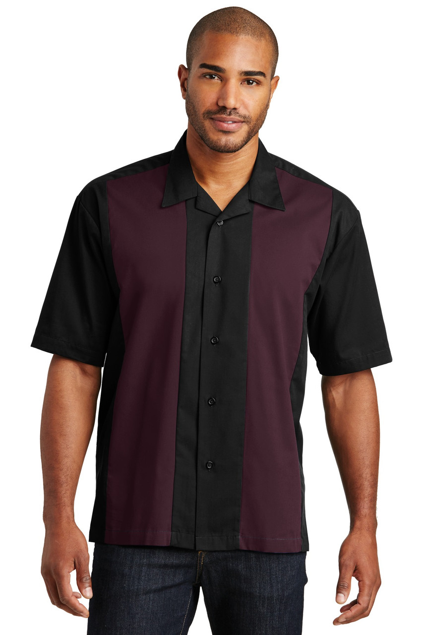 Port Authority® Retro Camp Shirt.  S300 Black/ Burgundy