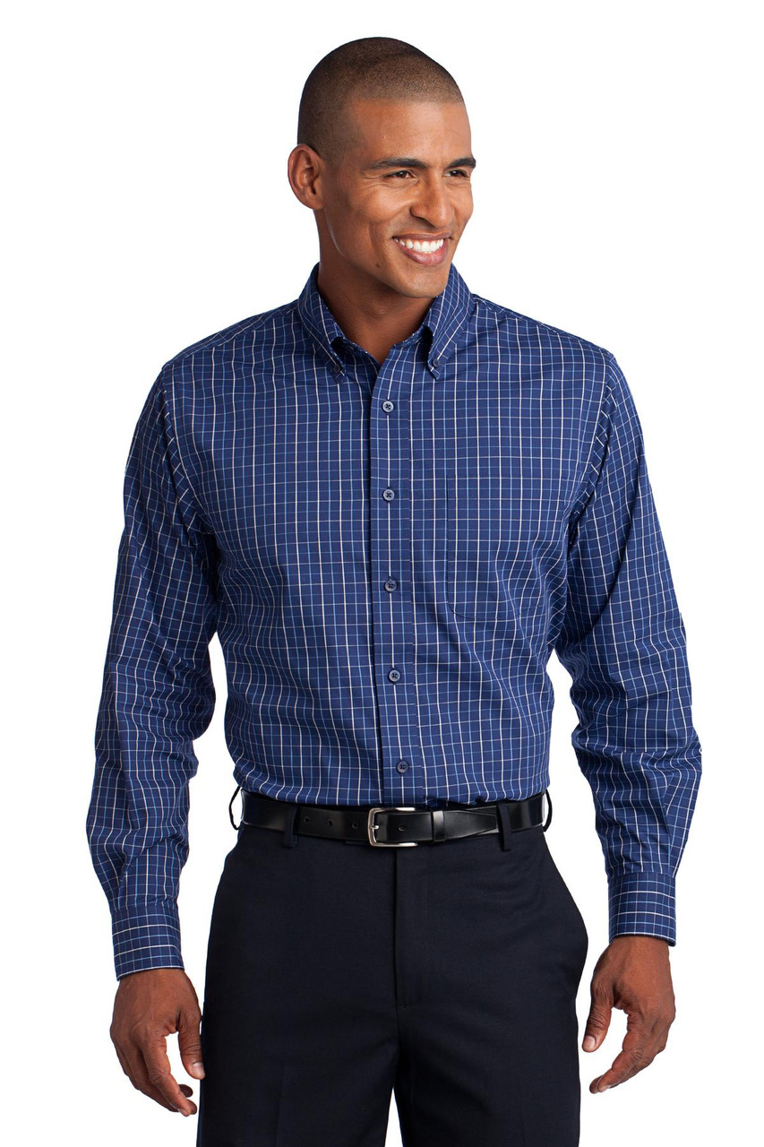 Port Authority® Tattersall Easy Care Shirt. S642 Navy/ White