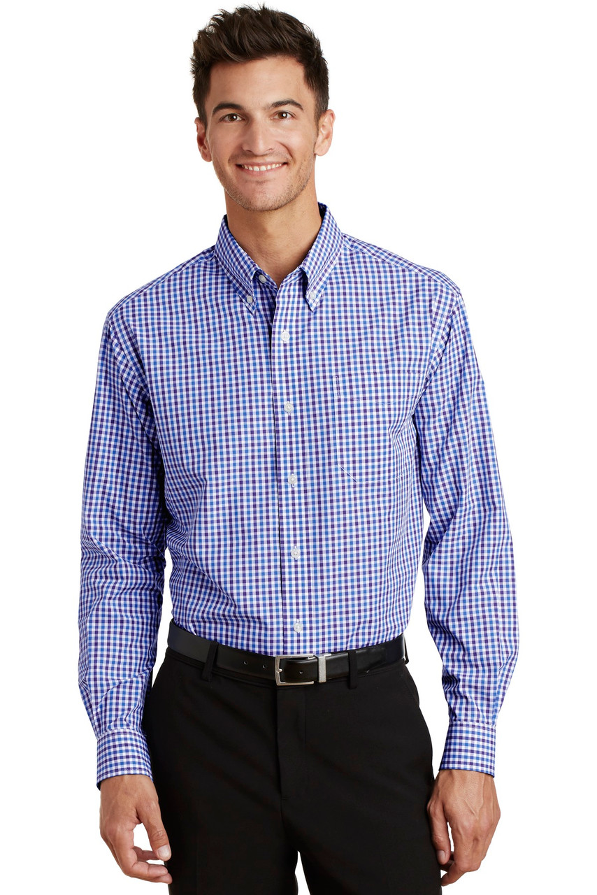 Port Authority® Long Sleeve Gingham Easy Care Shirt. S654 Blue/ Purple