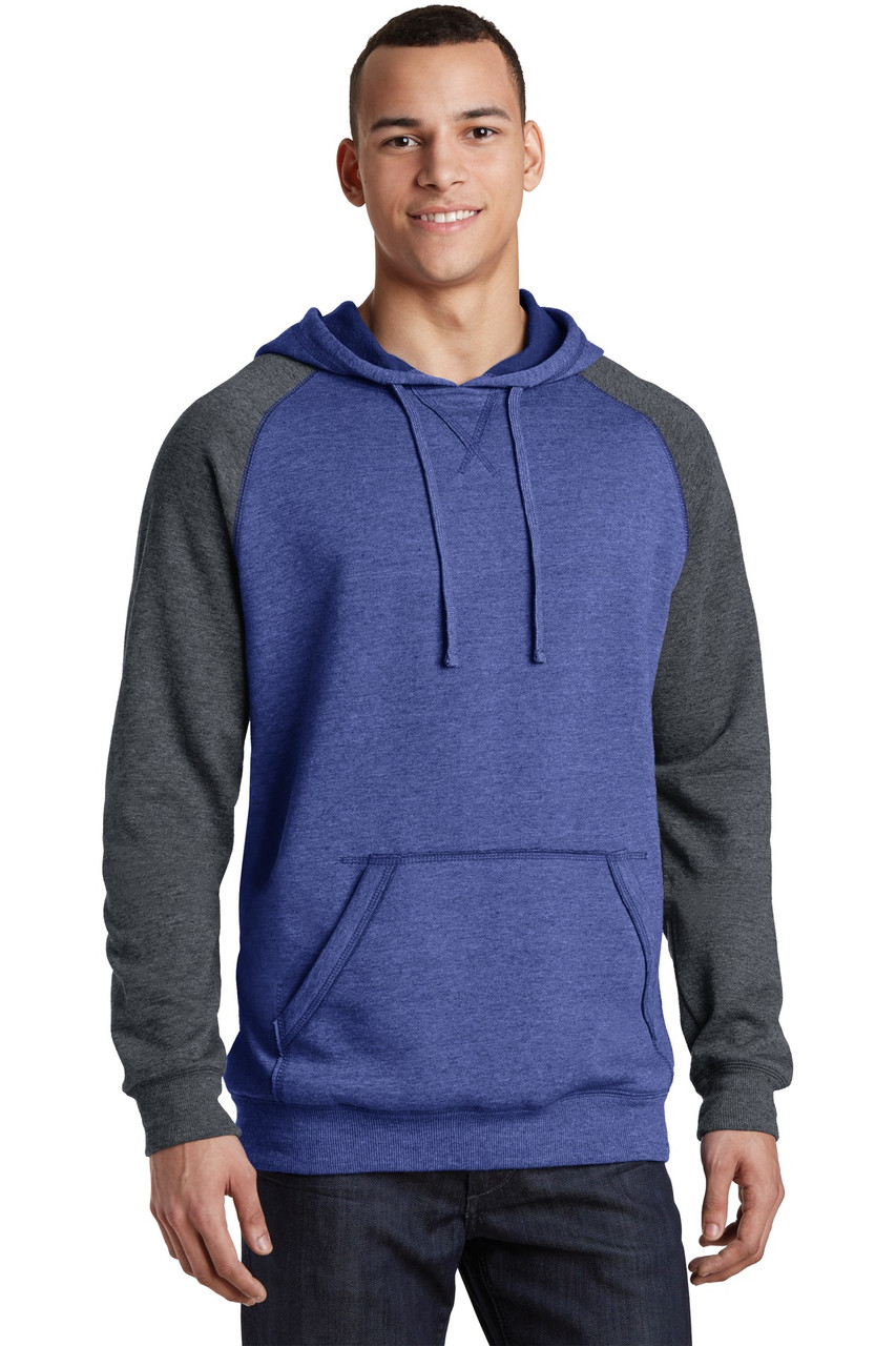 District® Young Mens Lightweight Fleece Raglan Hoodie.  DT196 Heathered Deep Royal/ Heathered Charcoal