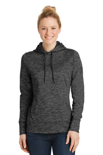 Sport-Tek® Ladies PosiCharge® Electric Heather Fleece Hooded Pullover. LST225 Grey Black Electric