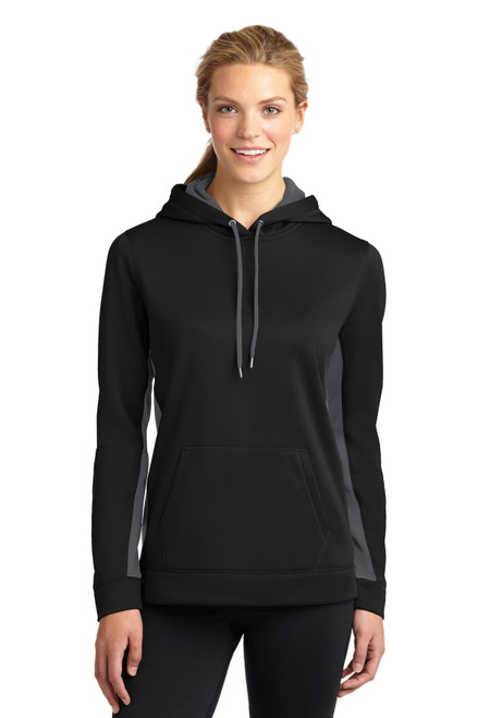 Sport-Tek® Ladies Sport-Wick® Fleece Colorblock Hooded Pullover. LST235 Black/ Dark Smoke Grey Sport-Tek® Ladies Sport-Wick® Fleece Colorblock Hooded Pullover. LST235 Black/ Dark Smoke Grey