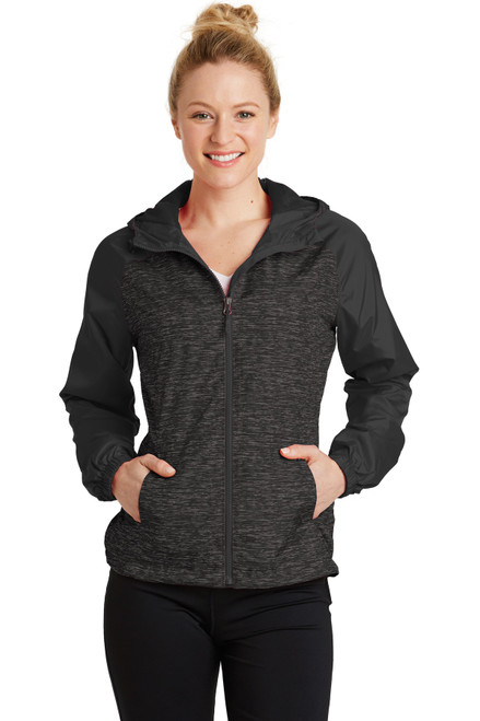 Sport-Tek® Ladies Heather Colorblock Raglan Hooded Wind Jacket. LST40 Black Heather/ Black Sport-Tek® Ladies Heather Colorblock Raglan Hooded Wind Jacket. LST40 Black Heather/ Black