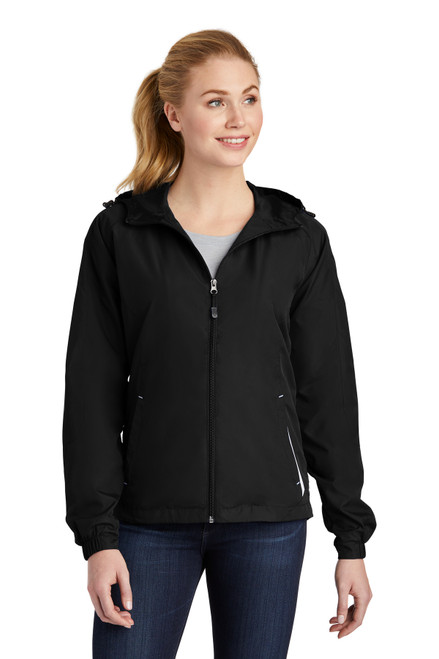 Sport-Tek® Ladies Colorblock Hooded Raglan Jacket. LST76 Black/ White Sport-Tek® Ladies Colorblock Hooded Raglan Jacket. LST76 Black/ White