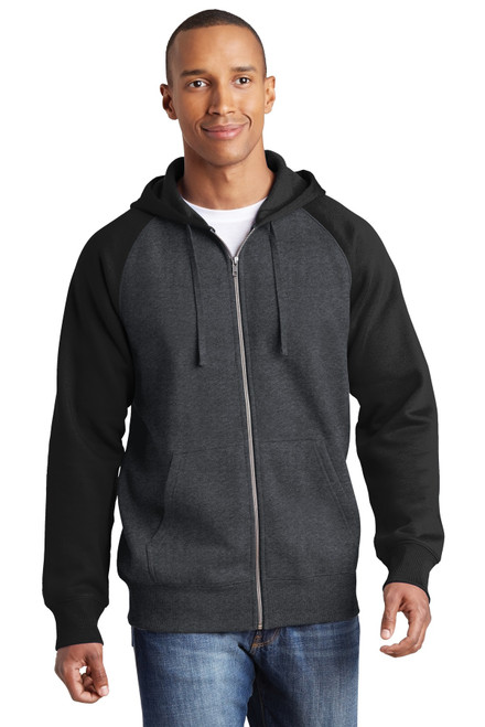 Sport-Tek® Raglan Colorblock Full-Zip Hooded Fleece Jacket.  ST269 Graphite Heather/ Black Sport-Tek® Raglan Colorblock Full-Zip Hooded Fleece Jacket.  ST269 Graphite Heather/ Black