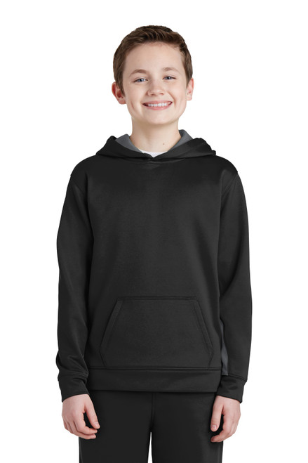 Sport-Tek® Youth Sport-Wick® Fleece Colorblock Hooded Pullover.  YST235 Black/ Dark Smoke Grey Sport-Tek® Youth Sport-Wick® Fleece Colorblock Hooded Pullover.  YST235 Black/ Dark Smoke Grey