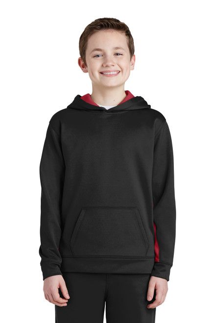 Sport-Tek® Youth Sport-Wick® Fleece Colorblock Hooded Pullover.  YST235 Black/ Deep Red