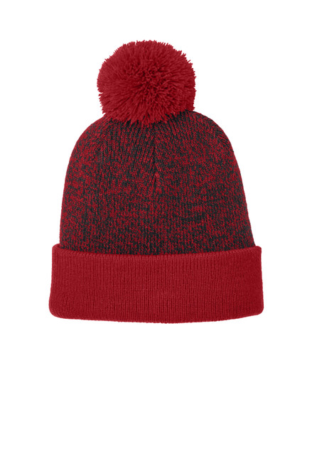 Sport-Tek® Halftime Heather Pom Beanie STC68 Deep Red/ Black